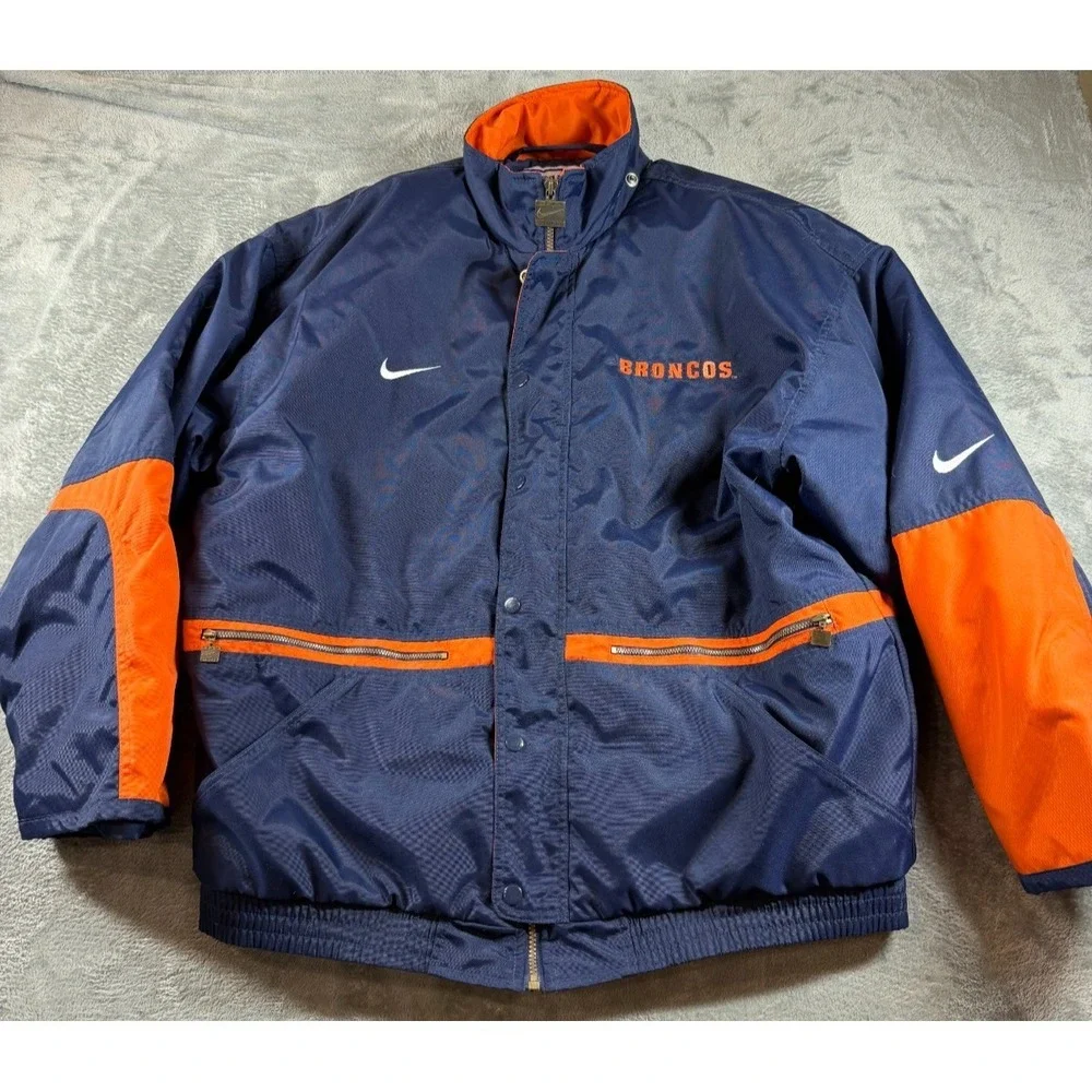 Vtg Nike NFL Pro Line Denver Broncos Big D Puffy Jacket Men's L Blue Orange